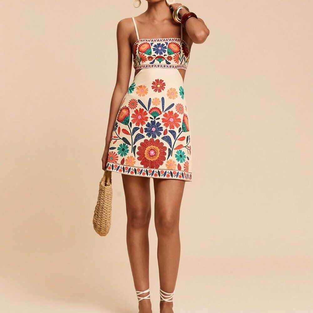 Multicolor Boho Women's Woven Print Sun Dress - Picture 3 of 7